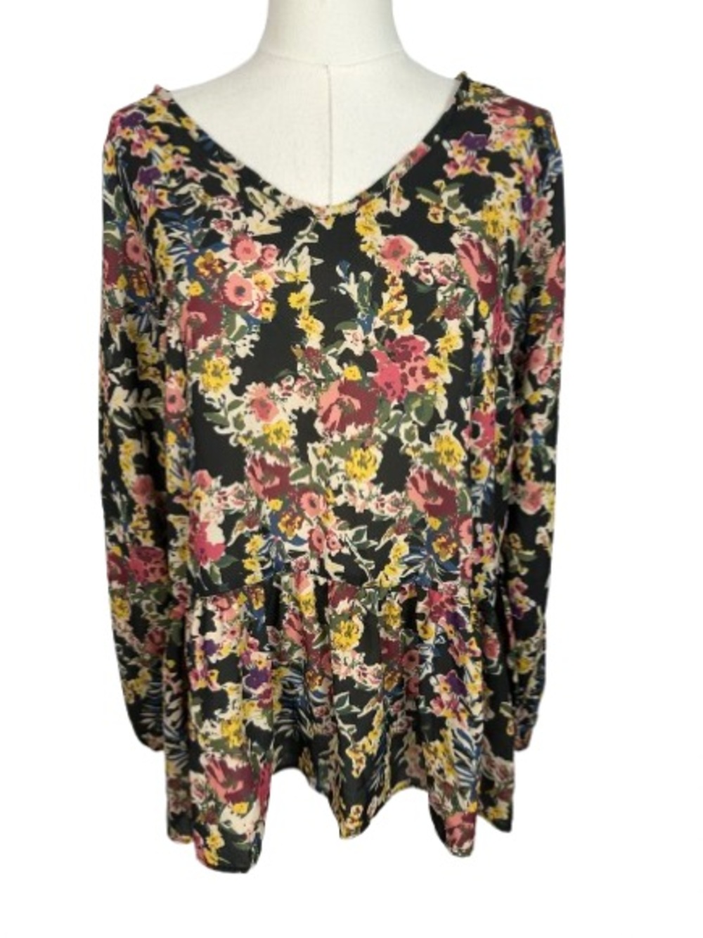 Haptics V-Neck Long Sleeve Floral Tunic Top in Black W/ Pink & Yellow Bloom